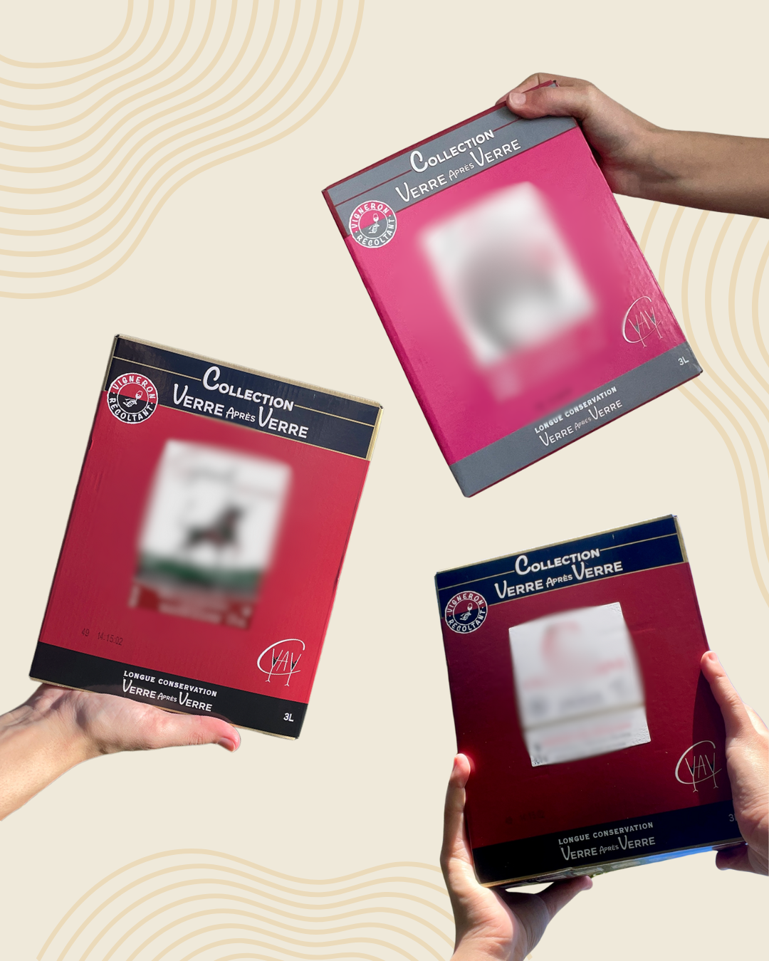 les trois nouveaux bag-in-box de la Collection Verre Après Verre : Un vin rosé gris, un vin rouge 100% Syrah et un vin rouge AOC Graves du Château Chantegrive