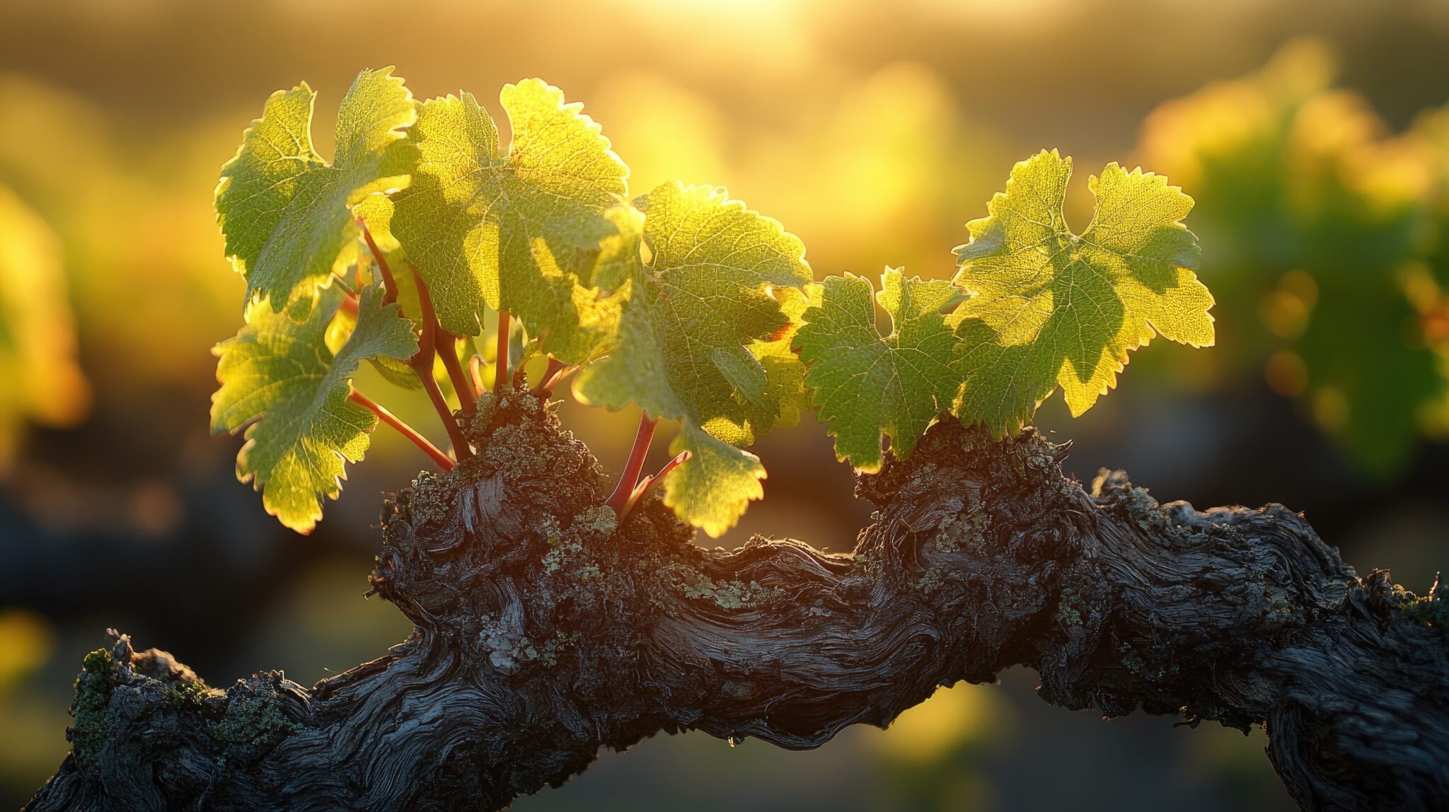 vigne au printemps avec rayon de soleil
